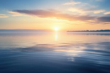 Obraz premium Serene sunset over calm water reveals a peaceful lakeside view at twilight