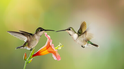 Ruby-throated Hummingbird (Male) with a Mandevilla Flower