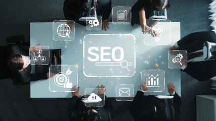 A diverse business team collaborates in a modern office environment, engaging in strategic discussions around SEO concepts and visual data analytics, enhancing productivity. Raster - Powered by Adobe