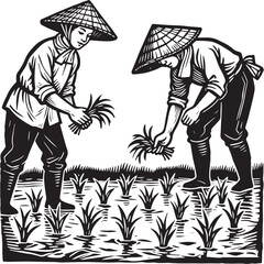 Vintage Monochrome Woodcut of Farmers Planting Rice Depicting Traditional Rural Agricultural Life. 