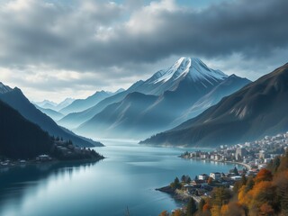 
keyword: mountain, lake, snow, town, autumn, trees, clouds, sky, water, reflection, landsca