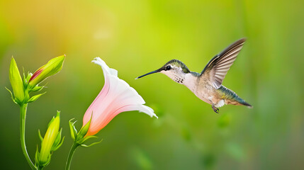 Ruby-throated Hummingbird (Male) with a Mandevilla Flower