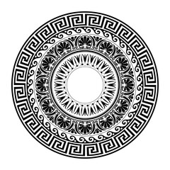 Greek round ornament. Circle porcelain plate with arabesques, floral ornament. Greek key , floral meander. Patterns of Greece, ancient Rome. Round european border. For textile, embroidery, porcelain