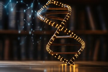 A glowing DNA double helix sculpture with digital elements on a wooden desk in a library setting