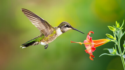 Ruby-throated Hummingbird (Male) with a Mandevilla Flower