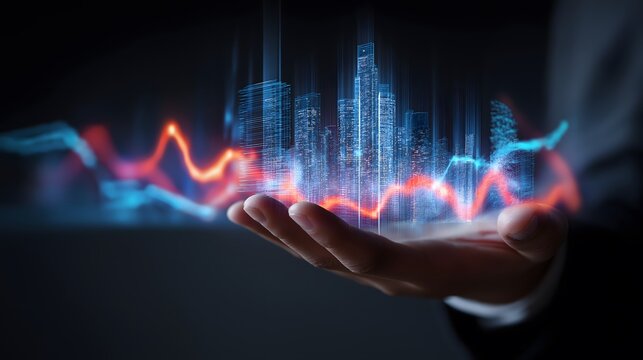 Digital hand holding a glowing futuristic virtual city with abstract financial graph data curves hovering above - Powered by Adobe