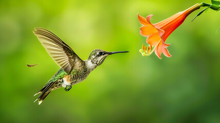 Ruby-throated Hummingbird (Male) with a Mandevilla Flower