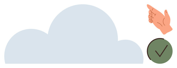 Blue cloud, hand pointing upward, green checkmark. Ideal for technology, approval, cloud services, decision-making, data storage innovation digital trends. Simple flat metaphor