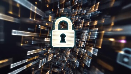 Digital lock symbolizing cybersecurity in a futuristic data stream with vibrant light effects - Powered by Adobe