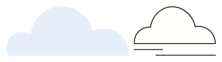 Two clouds in contrasting styles solid and outlined, minimalistic design. Ideal for weather, climate, data storage, technology, connectivity, simplicity, minimal flat metaphor