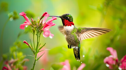 Ruby-throated Hummingbird (Male) with a Mandevilla Flower