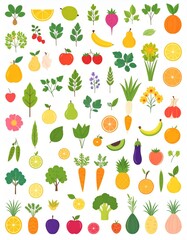 Spring and summer fruit and vegetable element set, vector illustration