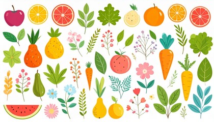 Obraz premium Spring and summer fruit and vegetable element set, vector illustration