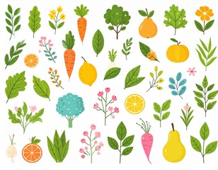 Spring and summer fruit and vegetable element set, vector illustration