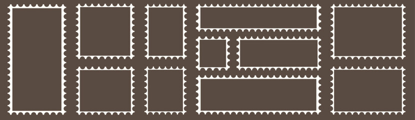 Postage stamps. blank postcard and letter stamp. Post stamp frames and borders. ellipse, rectangle, collection paper postmarks rectangle, square temp