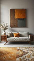 
keyword: living room, interior design, modern, sofa, wooden furniture, abstract art, wall art, 