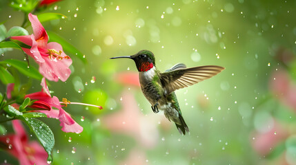 Ruby-throated Hummingbird (Male) with a Mandevilla Flower