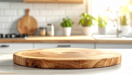 Rustic wooden cutting board on a bright kitchen counter, perfect for showcasing culinary creations and food photography, ideal for recipe blogs, cooking tutorials, and kitchenware promotions