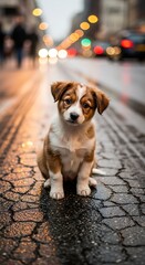 Lost Puppy on a Rainy City Street - A Heartbreaking Portrait.