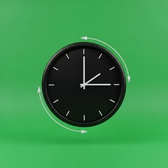 Black Clock Rotating on Green Background - Time Concept.