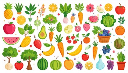 Spring and summer fruit and vegetable element set, vector illustration