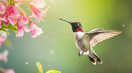 Ruby-throated Hummingbird (Male) with a Mandevilla Flower