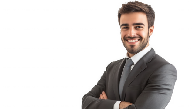 Portrait of a smiling man in a suit with arms crossed on black background on transparent background