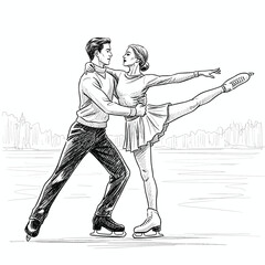 Fototapeta premium Elegant figure skating couple isolated on white background, gracefully performing a lift on the ice rink, showcasing their skill and artistry in a beautiful monochrome sketch