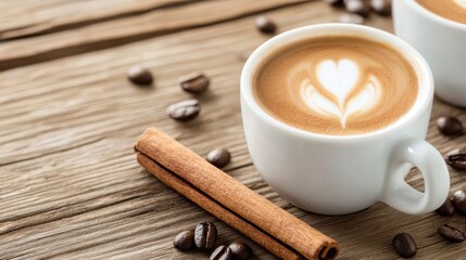 Delicious Latte Art Coffee with Cinnamon Stick and Roasted Coffee Beans on Rustic Wooden Table, Close-Up