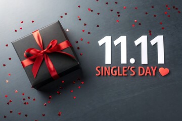 Gift Box With Red Ribbon Celebrates 11.11 Singles Day Sale and Gift Giving

