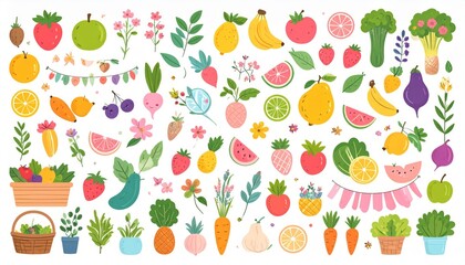 Obraz premium Spring and summer fruit and vegetable element set, vector illustration