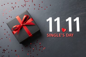 Gift Box With Red Ribbon Celebrates 11.11 Singles Day Sale and Gift Giving

