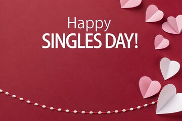 Happy Singles Day Greeting With Red Background, Heart Shapes, And Celebration Theme

