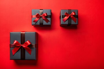 Black Gift Boxes With Red Ribbons On Red Background For Holiday Presents And Gifts

