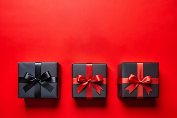 Three Black Gift Boxes With Red Ribbons On A Bright Red Background

