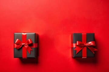 Two Dark Gift Boxes With Red Ribbons On Red Background For Holiday Celebration

