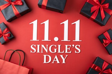 Singles Day 11.11 Gift Promotion With Red Gift Boxes And Shopping Bags Festive Sale

