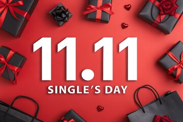 11.11 Singles Day Celebration With Gifts, Discounts, And Shopping Bags On Red Background

