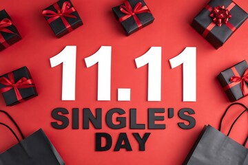 11.11 Singles Day Celebration With Gifts, Discounts, And Shopping Bags On Red Background

