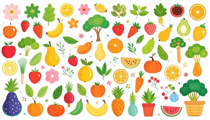 Obraz premium Spring and summer fruit and vegetable element set, vector illustration