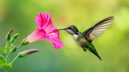 Ruby-throated Hummingbird (Male) with a Mandevilla Flower