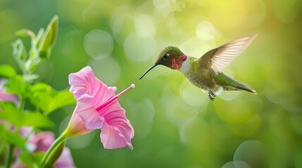 Ruby-throated Hummingbird (Male) with a Mandevilla Flower