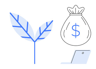 Leaf depicting growth, dollar bag for wealth, and laptop for technology and productivity. Ideal for finance, growth strategy, sustainability, digital business, entrepreneurship, investment