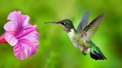 Ruby-throated Hummingbird (Male) with a Mandevilla Flower