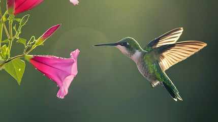 Ruby-throated Hummingbird (Male) with a Mandevilla Flower