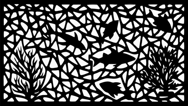 Elegant underwater scene featuring abstract fish and coral for modern wall art or laser cut decor element