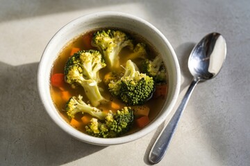 a bowl of vegetable soup on a light gray surface