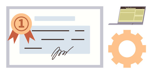 Certificate with ribbon and signature, laptop, and circular gear. Ideal for certification, learning, achievement, recognition, online courses business management and progress. Simple flat metaphor