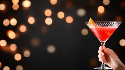 Elegant Red Cocktail in Martini Glass with Orange Peel Garnish Against Bokeh Lights: Festive Drink for Celebration