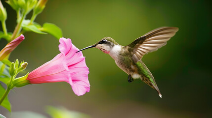 Ruby-throated Hummingbird (Male) with a Mandevilla Flower